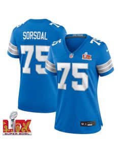 Colby Sorsdal #75 Detroit Lions Super Bowl LIX Women’s Jersey – Blue