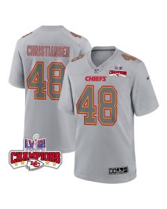 Cole Christiansen 48 Kansas City Chiefs Super Bowl LVIII Champions 4 Stars Patch Atmosphere Fashion Game Men Jersey – Gray