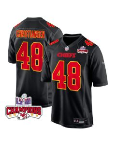 Cole Christiansen 48 Kansas City Chiefs Super Bowl LVIII Champions 4 Stars Patch Fashion Game Men Jersey – Carbon Black