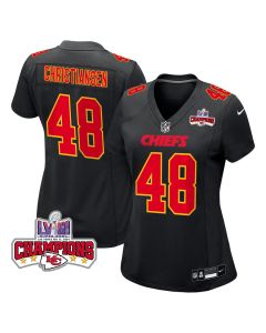 Cole Christiansen 48 Kansas City Chiefs Super Bowl LVIII Champions 4 Stars Patch Fashion Game Women Jersey – Carbon Black