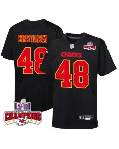 Cole Christiansen 48 Kansas City Chiefs Super Bowl LVIII Champions 4 Stars Patch Fashion Game YOUTH Jersey – Carbon Black