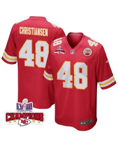 Cole Christiansen 48 Kansas City Chiefs Super Bowl LVIII Champions 4 Stars Patch Game Men Jersey – Red