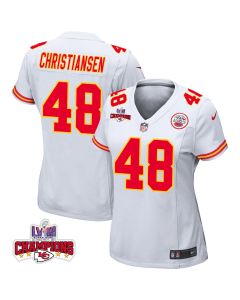 Cole Christiansen 48 Kansas City Chiefs Super Bowl LVIII Champions 4 Stars Patch Game Women Jersey – White