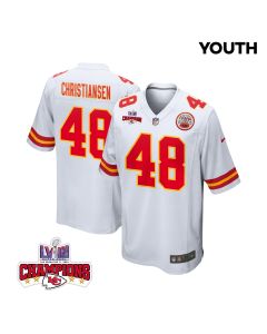 Cole Christiansen 48 Kansas City Chiefs Super Bowl LVIII Champions 4 Stars Patch Game YOUTH Jersey – White
