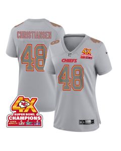 Cole Christiansen 48 Kansas City Chiefs Super Bowl LVIII Champions 4X Atmosphere Fashion Game Women Jersey – Gray