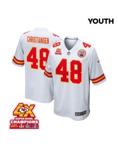Cole Christiansen 48 Kansas City Chiefs Super Bowl LVIII Champions 4X Game YOUTH Jersey – White