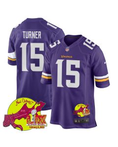 Dallas Turner 15 Minnesota Vikings Super Bowl LIX New Orleans Patch Game Men Jersey – Purple