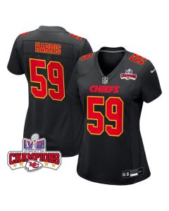 Darius Harris 59 Kansas City Chiefs Super Bowl LVIII Champions 4 Stars Patch Fashion Game Women Jersey – Carbon Black