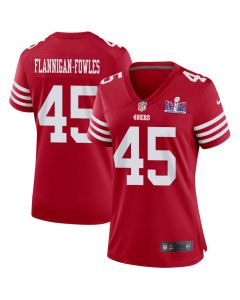 Demetrius Flannigan-Fowles 45 San Francisco 49ers Super Bowl LVIII Patch Game Women Jersey – Scarlet