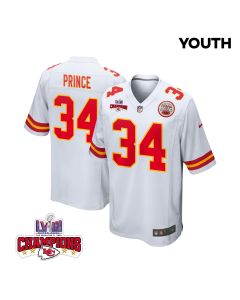 Deneric Prince 34 Kansas City Chiefs Super Bowl LVIII Champions 4 Stars Patch Game YOUTH Jersey – White