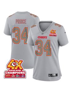 Deneric Prince 34 Kansas City Chiefs Super Bowl LVIII Champions 4X Atmosphere Fashion Game Women Jersey – Gray