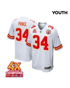 Deneric Prince 34 Kansas City Chiefs Super Bowl LVIII Champions 4X Game YOUTH Jersey – White