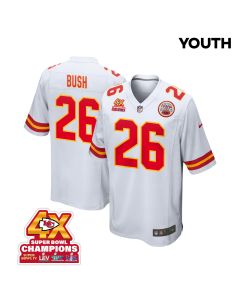 Deon Bush 26 Kansas City Chiefs Super Bowl LVIII Champions 4X Game YOUTH Jersey – White