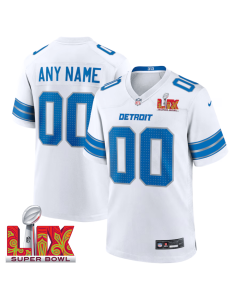 Detroit Lions Super Bowl LIX Patch Game Men Custom Jersey – White