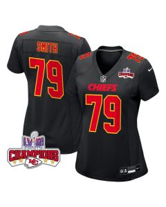 Donovan Smith 79 Kansas City Chiefs Super Bowl LVIII Champions 4 Stars Patch Fashion Game Women Jersey – Carbon Black