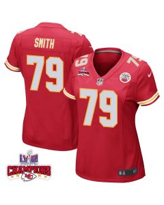 Donovan Smith 79 Kansas City Chiefs Super Bowl LVIII Champions 4 Stars Patch Game Women Jersey – Red