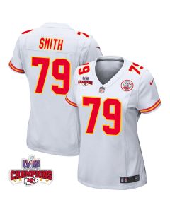 Donovan Smith 79 Kansas City Chiefs Super Bowl LVIII Champions 4 Stars Patch Game Women Jersey – White