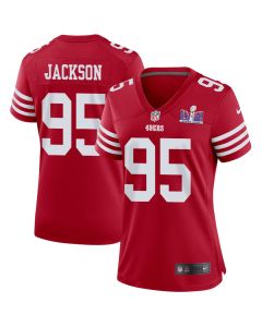 Drake Jackson 95 San Francisco 49ers Super Bowl LVIII Patch Game Women Jersey – Scarlet