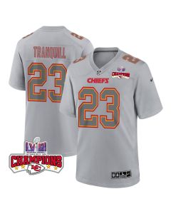 Drue Tranquill 23 Kansas City Chiefs Super Bowl LVIII Champions 4 Stars Patch Atmosphere Fashion Game Men Jersey – Gray