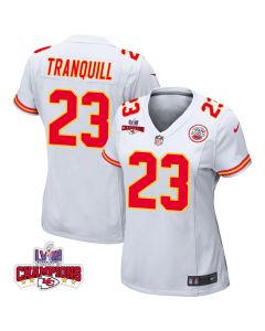 Drue Tranquill 23 Kansas City Chiefs Super Bowl LVIII Champions 4 Stars Patch Game Women Jersey – White