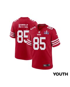 George Kittle 85 San Francisco 49ers Super Bowl LVIII Patch Game YOUTH Jersey – Scarlet