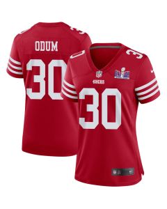 George Odum 30 San Francisco 49ers Super Bowl LVIII Patch Game Women Jersey – Scarlet