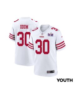 George Odum 30 San Francisco 49ers Super Bowl LVIII Patch Game YOUTH Jersey – White