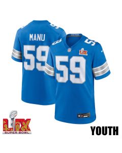 Giovanni Manu #59 Detroit Lions Super Bowl LIX YOUTH Jersey – Blue