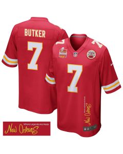 Harrison Butker 7 Kansas City Chiefs Super Bowl LIX Champions Patch ‘New Orleans – Where Legends Are Made’ EMBROIDERED Game Men Jersey – Red