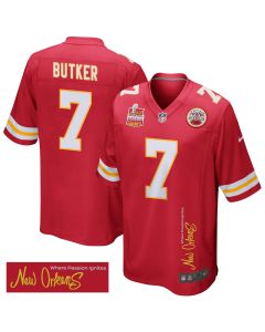 Harrison Butker 7 Kansas City Chiefs Super Bowl LIX Champions Patch ‘New Orleans – Where Passion Ignites’ EMBROIDERED Game Men Jersey – Red
