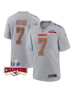 Harrison Butker 7 Kansas City Chiefs Super Bowl LVIII Champions 4 Stars Patch Atmosphere Fashion Game Men Jersey – Gray