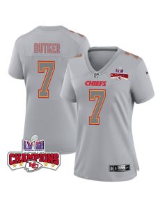 Harrison Butker 7 Kansas City Chiefs Super Bowl LVIII Champions 4 Stars Patch Atmosphere Fashion Game Women Jersey – Gray