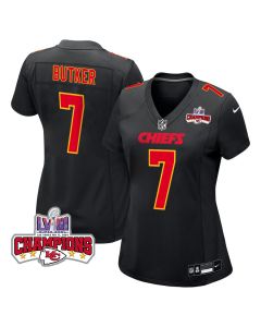 Harrison Butker 7 Kansas City Chiefs Super Bowl LVIII Champions 4 Stars Patch Fashion Game Women Jersey – Carbon Black