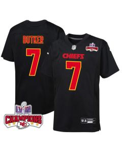 Harrison Butker 7 Kansas City Chiefs Super Bowl LVIII Champions 4 Stars Patch Fashion Game YOUTH Jersey – Carbon Black