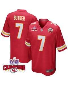 Harrison Butker 7 Kansas City Chiefs Super Bowl LVIII Champions 4 Stars Patch Game Men Jersey – Red