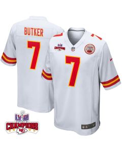 Harrison Butker 7 Kansas City Chiefs Super Bowl LVIII Champions 4 Stars Patch Game Men Jersey – White