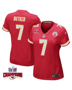 Harrison Butker 7 Kansas City Chiefs Super Bowl LVIII Champions 4 Stars Patch Game Women Jersey – Red