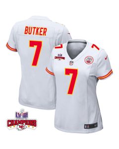 Harrison Butker 7 Kansas City Chiefs Super Bowl LVIII Champions 4 Stars Patch Game Women Jersey – White