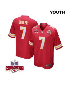 Harrison Butker 7 Kansas City Chiefs Super Bowl LVIII Champions 4 Stars Patch Game YOUTH Jersey – Red