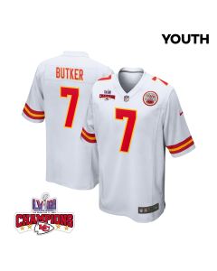 Harrison Butker 7 Kansas City Chiefs Super Bowl LVIII Champions 4 Stars Patch Game YOUTH Jersey – White