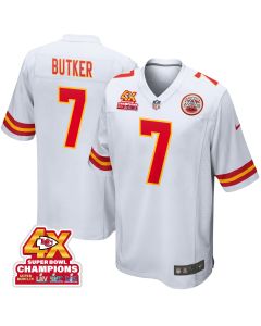 Harrison Butker 7 Kansas City Chiefs Super Bowl LVIII Champions 4X Game Men Jersey – White