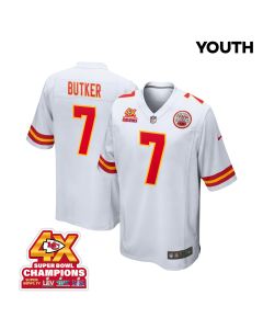 Harrison Butker 7 Kansas City Chiefs Super Bowl LVIII Champions 4X Game YOUTH Jersey – White