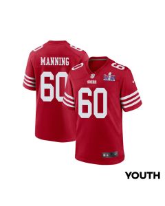 Ilm Manning 60 San Francisco 49ers Super Bowl LVIII Patch Game YOUTH Jersey – Scarlet