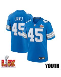 Isaac Ukwu #45 Detroit Lions Super Bowl LIX YOUTH Jersey – Blue