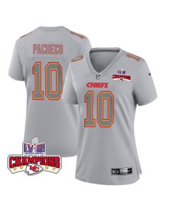 Isiah Pacheco 10 Kansas City Chiefs Super Bowl LVIII Champions 4 Stars Patch Atmosphere Fashion Game Women Jersey – Gray