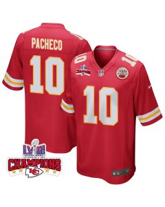 Isiah Pacheco 10 Kansas City Chiefs Super Bowl LVIII Champions 4 Stars Patch Game Men Jersey – Red
