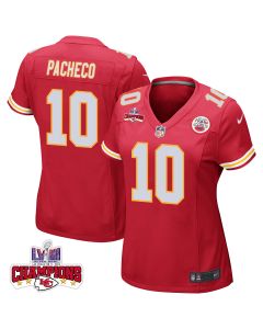 Isiah Pacheco 10 Kansas City Chiefs Super Bowl LVIII Champions 4 Stars Patch Game Women Jersey – Red