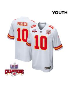 Isiah Pacheco 10 Kansas City Chiefs Super Bowl LVIII Champions 4 Stars Patch Game YOUTH Jersey – White
