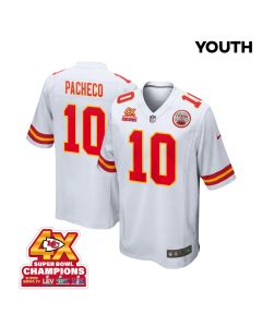 Isiah Pacheco 10 Kansas City Chiefs Super Bowl LVIII Champions 4X Game YOUTH Jersey – White