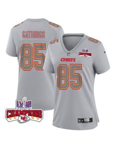 Izaiah Gathings 85 Kansas City Chiefs Super Bowl LVIII Champions 4 Stars Patch Atmosphere Fashion Game Women Jersey – Gray
